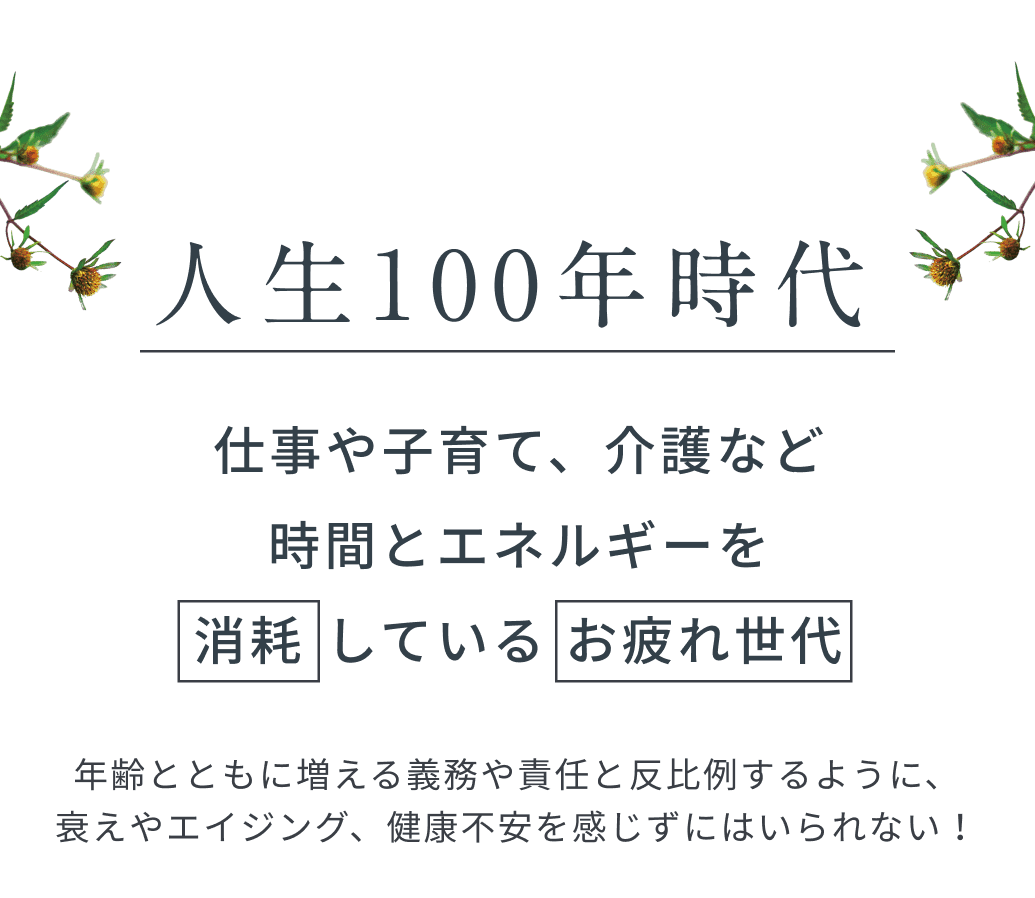 人生100年時代。仕事や子育て、介護など、時間とエネルギーを消耗している。お疲れ世代。年齢とともに増える義務や責任と反比例するように、衰えやエイジング、健康不安を感じずにはいられない！