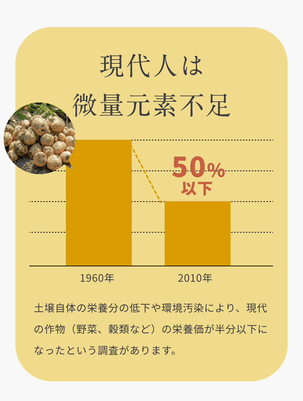 現代人は微量元素不足。土壌自体の栄養分の低下や環境汚染により、現代の作物（野菜、穀類など）の栄養価が半分以下になったという調査があります。
