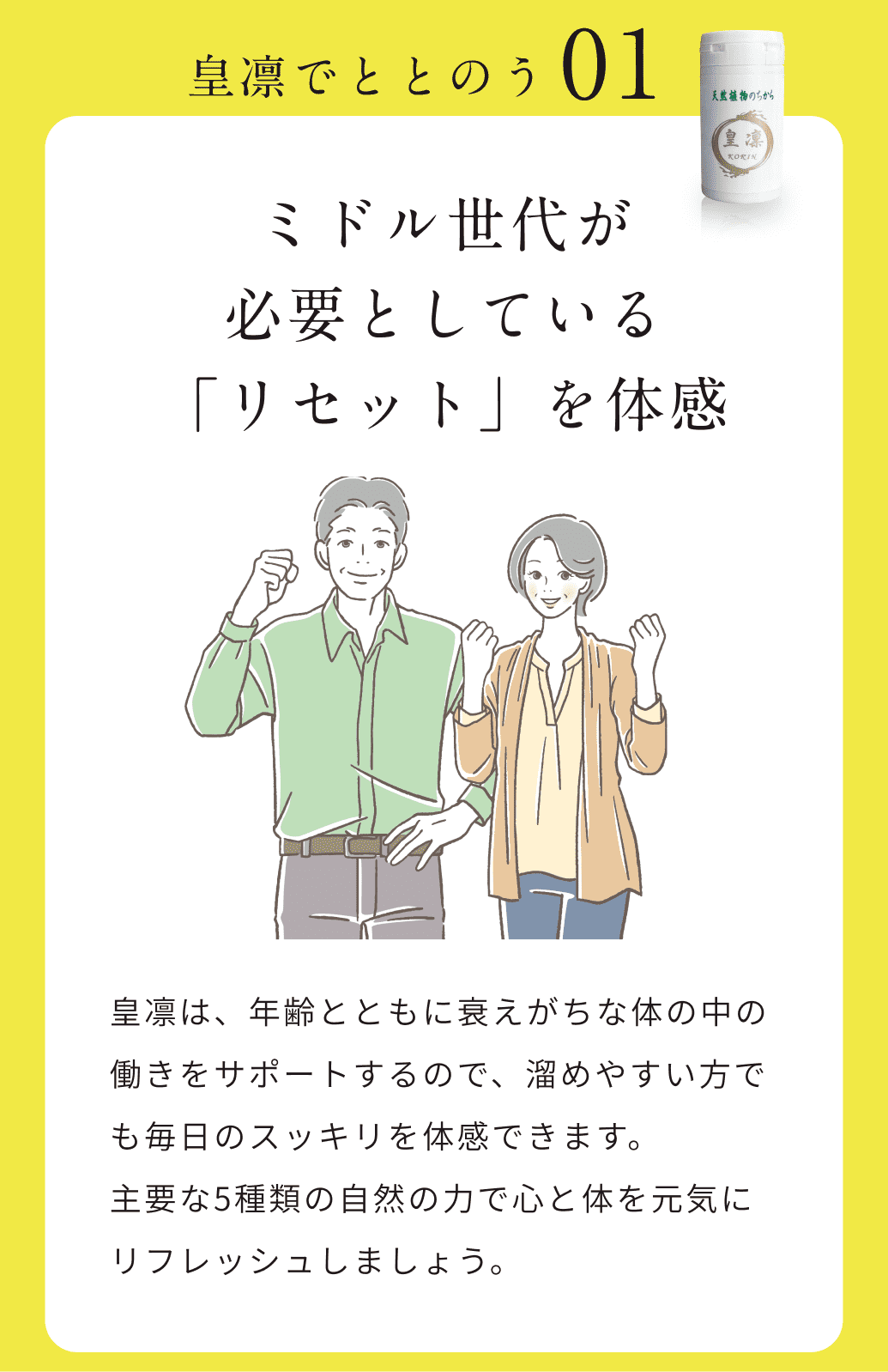 皇凛でととのう01。ミドル世代が必要としている「リセット」を体感。皇凛は、年齢とともに衰えがちな体の中の働きをサポートするので、溜めやすい方でも毎日のスッキリを体感できます。主要な5種類の自然の力で心と体を元気にリフレッシュしましょう。
