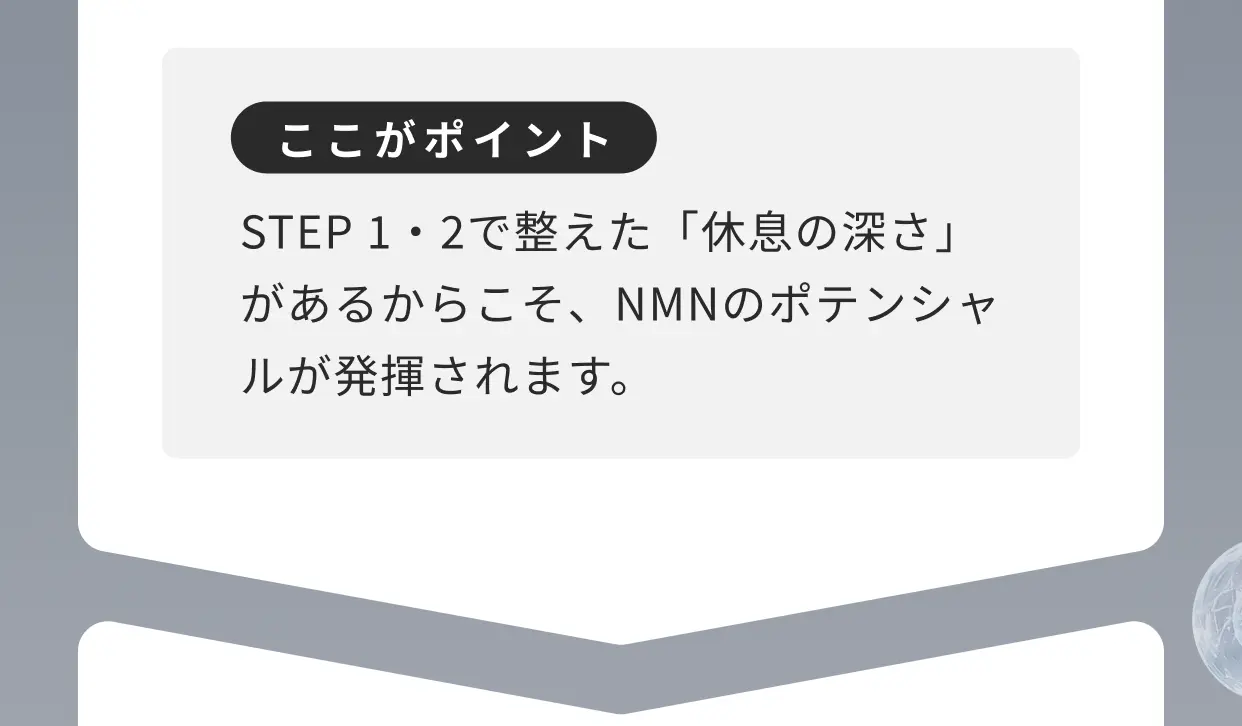 ここがポイント STEP 1・2で整えた「休息の深さ」があるからこそ、NMNのポテンシャルが発揮されます。