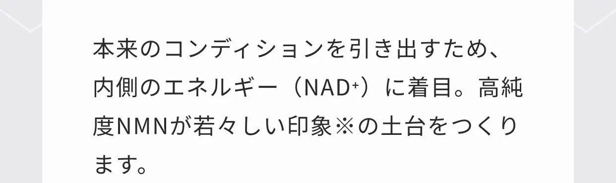 本来のコンディションを引き出すため、内側のエネルギー（NAD+）に着目。高純度NMNが若々しい印象の土台をつくります。