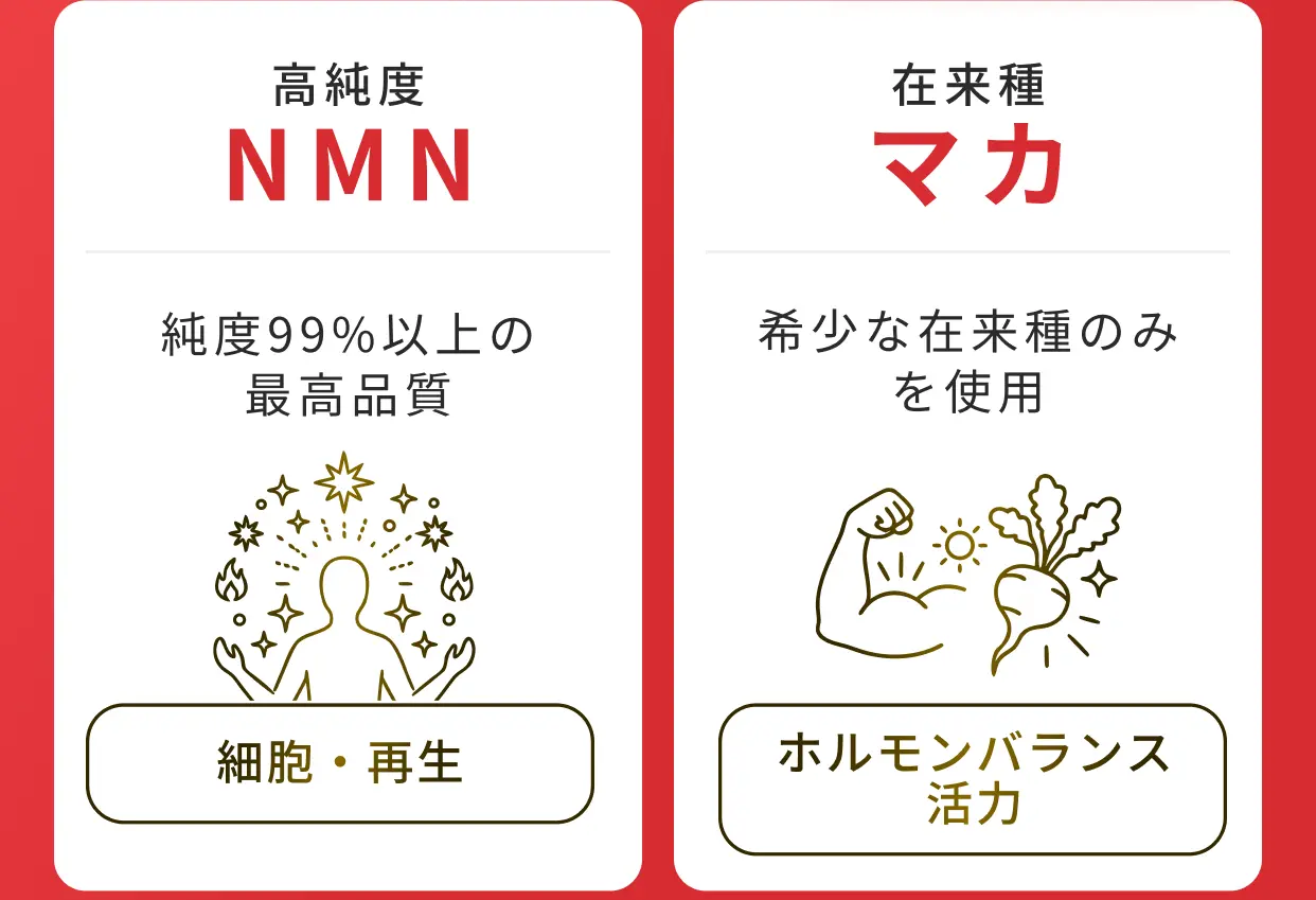 高純度NMN 純度99％以上の最高品質 細胞・再生／在来種マカ 希少な在来種のみを使用 ホルモンバランス・活力